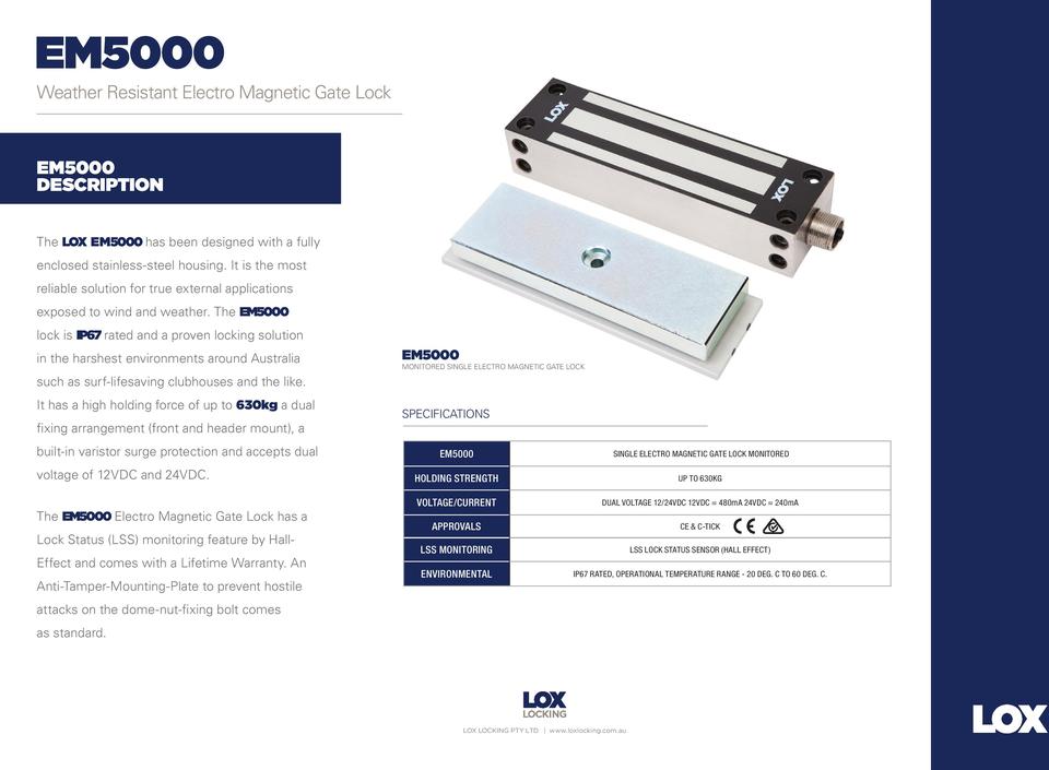 LOX EM5000 Electro Magnetic Lock, 630kg, Monitored, Weather, 12/24V DC 0